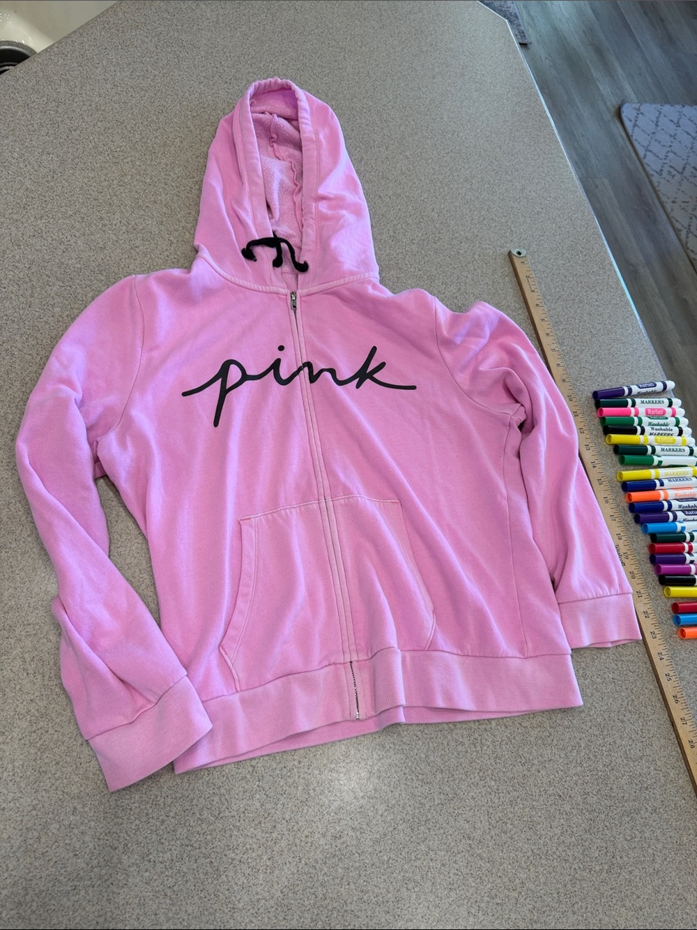 PINK Victoria's Secret Light Pink Script Logo Zip Hoodie XL